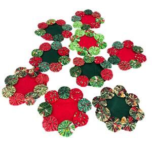 9pc Handmade Quilted Yo-Yo Coasters Christmas Red Green Floral Suffolk Puff Mats